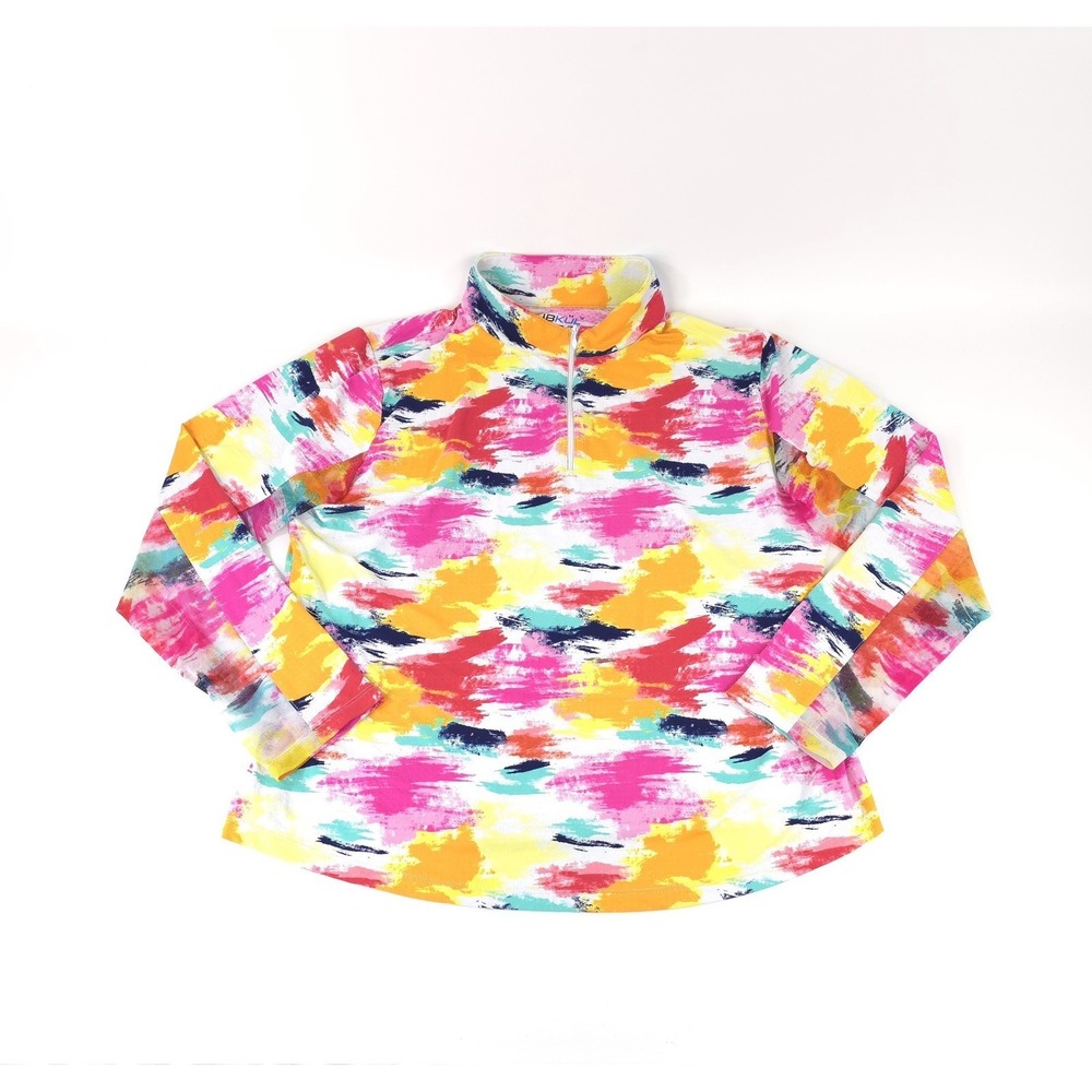 IBKUL Matilda Print Long Sleeve Zip Mock Neck Top Hot Pink Multi Size XXL UPF 50